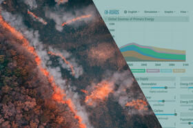 A photograph of a forest wildfire next to a screenshot of the en-ROADS climate simulator