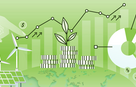 A collage of impact investing imagery: a plant growing from a pile of coins, a world map, solar panels and windmill, and financial charts