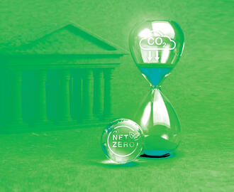  Reduce CO2 emissions icon on hourglass and net zero symbol on glass earth globe next to a bank illustration