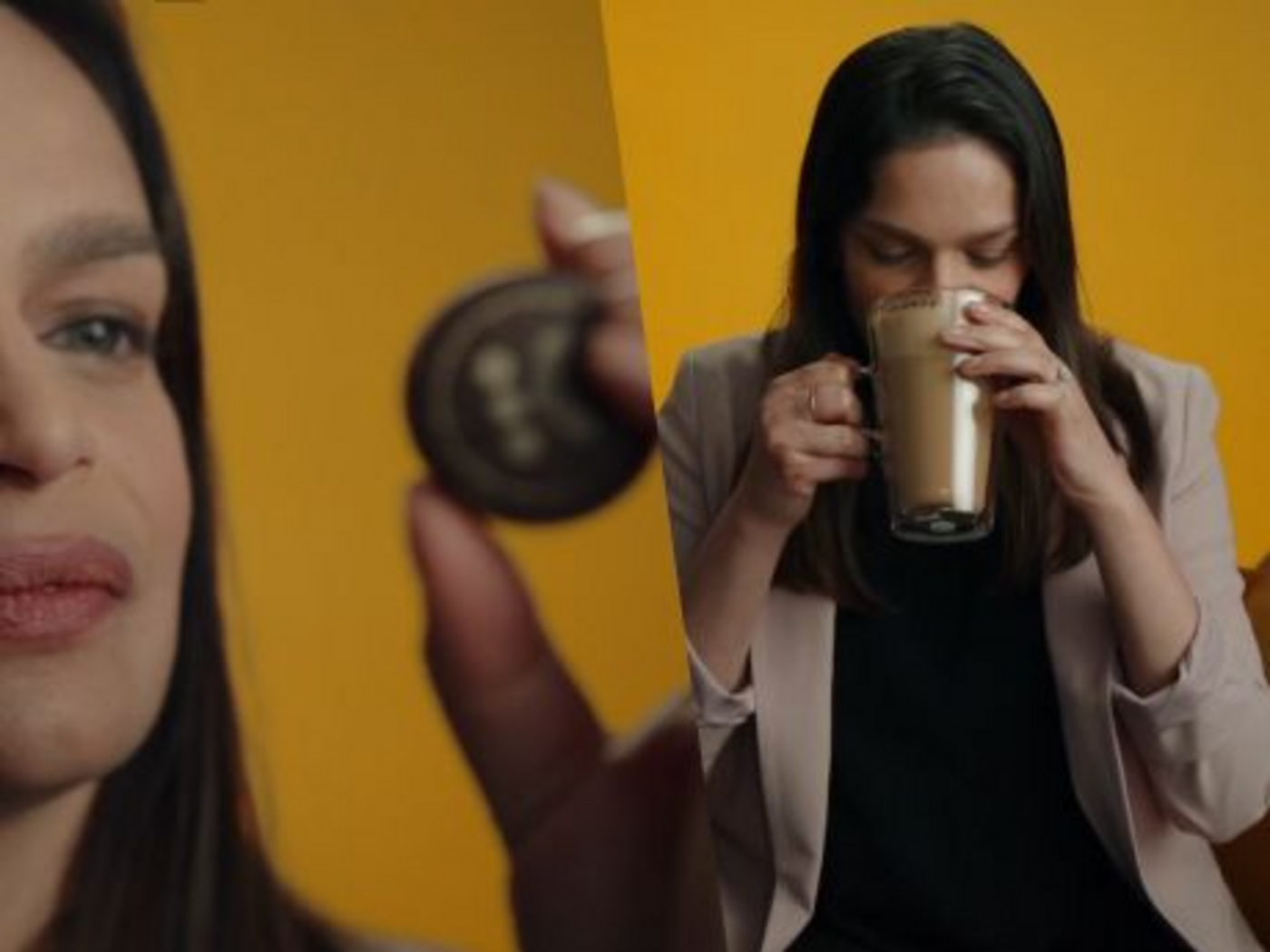 A split photo of Neha in front of a yellow background drinking from a cup of coffee beside a close up of her looking at a Keruig K Cup