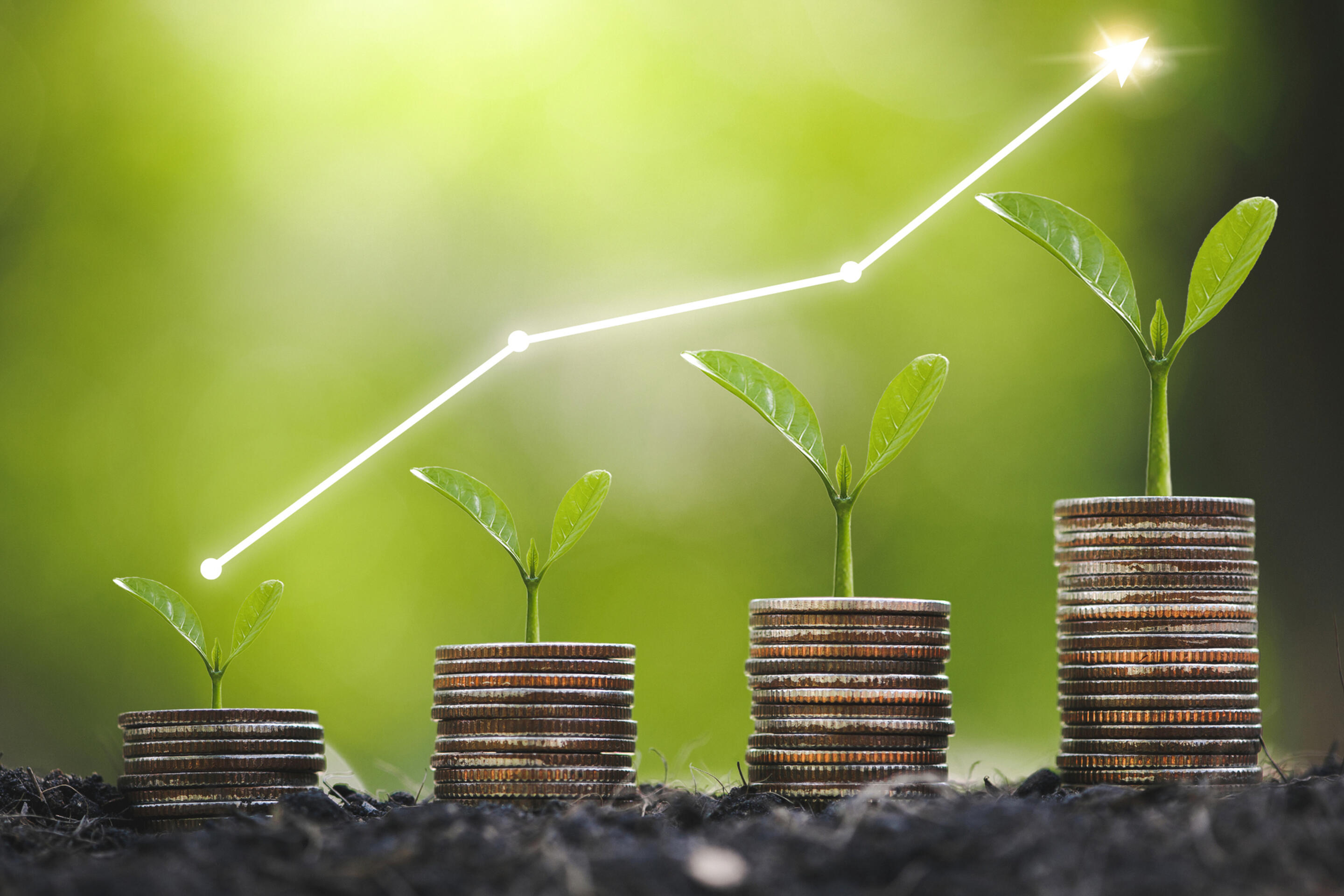 Growing piles of coins with seedlings on top with upward graph trend behind them